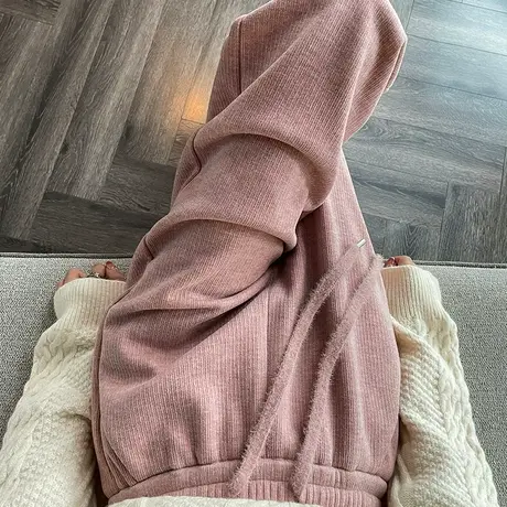 雪尼尔针织阔腿裤女秋冬季2024新款加绒粉色仿羊绒糯米窄版直筒裤图片