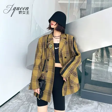 西装外套女春季新款复古宽松休闲显瘦宽肩洋气时尚小众格纹小西服商品大图