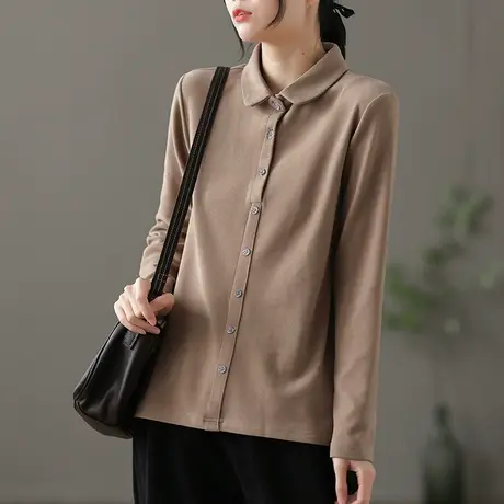 dza纯色棉质翻领长袖t恤女2022秋冬最新款内搭打底衫宽松短款上衣商品大图