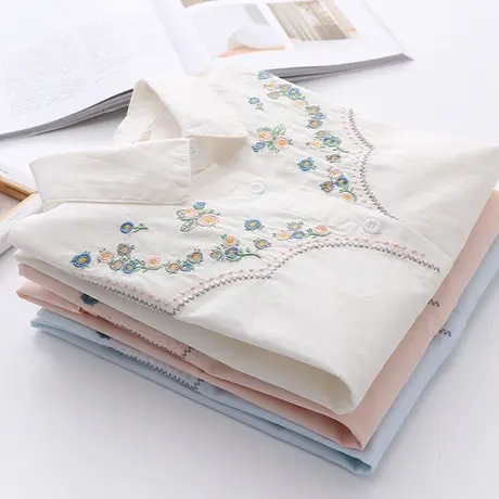 2021春装新款文艺小清新刺绣碎花纯棉白色衬衫女长袖宽松打底上衣商品大图