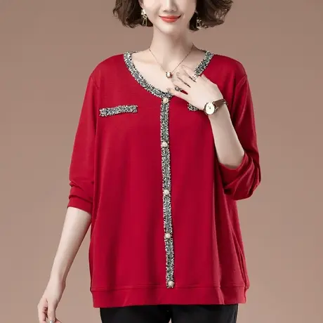 春秋加肥加大码女装长袖t恤宽松中年妈妈纯棉洋气显瘦女士打底衫商品大图