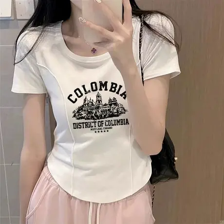 2023新款白色短袖正肩女t恤短款上衣辣妹圆领修身设计感夏季小衫图片