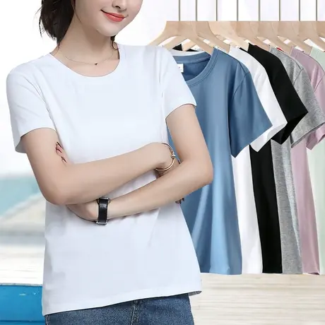 白色圆领短袖t恤女2024新款修身显瘦百搭上衣夏净版纯棉半袖体恤图片