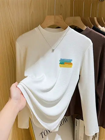 白色仿棉内搭打底衫女2023新款春秋冬季德绒长袖t恤今年流行上衣商品大图