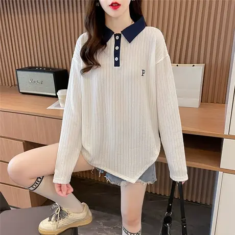 早秋设计感小众长袖t恤女春秋季韩版宽松撞色不规则polo领上衣服图片