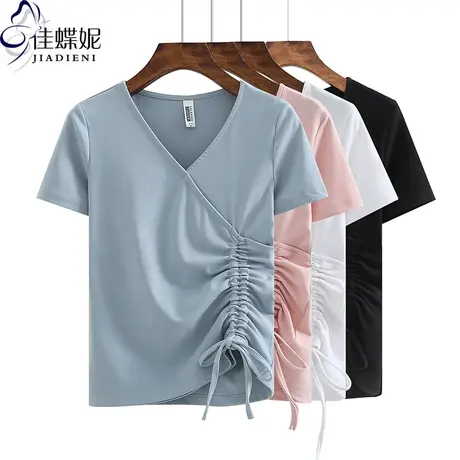 夏季新款V领修身纯白抽绳高腰短款抽绳短袖体恤上衣内搭打底衫女商品大图
