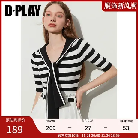 DPLAY夏学院风时尚休闲黑白条纹海军领修身中袖针织小衫上衣商品大图