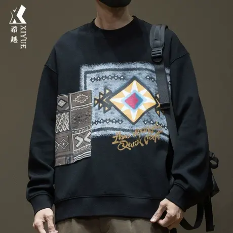 希越民族风印花刺绣卫衣男款秋冬宽松大码重磅套头内搭打底衫上衣商品大图