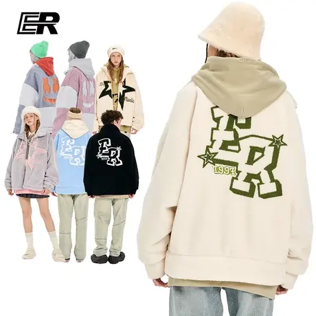 ER重磅绣花羊羔绒外套秋冬保暖情侣装国潮宽松休闲撞色开衫上衣商品大图