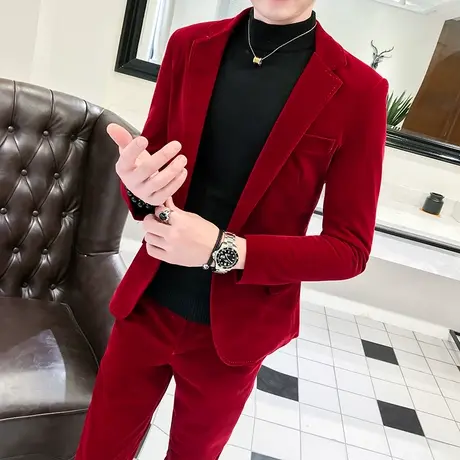 休闲小西装男套装韩版修身帅气一套红色礼服新郎结婚金丝绒西服潮商品大图
