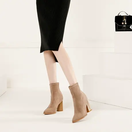 马丁靴女2023年秋冬季新款百搭短靴高跟气质尖头粗跟弹力瘦瘦靴子商品大图