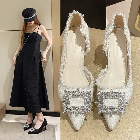 2024夏秋季新款高跟鞋女细跟水钻方扣尖头小香风女鞋白色网红单鞋图片