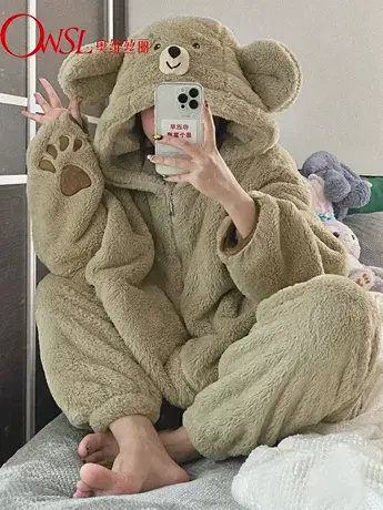 ins风甜美可爱加厚绒珊瑚绒睡衣女秋冬法兰绒家居服套装商品大图