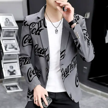 西装外套男士秋季潮牌个性印花字母上衣ins韩版痞帅气修身小西服商品大图