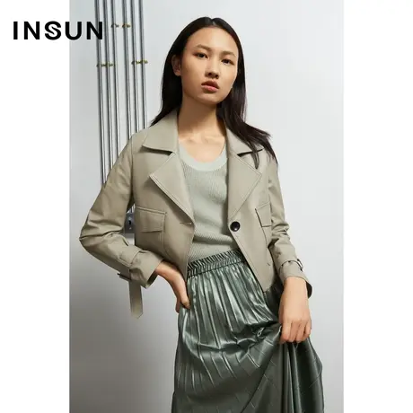 恩裳秋季短款浅绿绵羊皮革减龄气质舒适长袖外套皮衣女图片