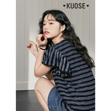 阔色条纹小飞袖正肩T恤女2023新款夏季复古黑蓝针织别致短袖上衣图片