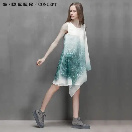sdeer圣迪奥专柜正品女装夏装印花不规则摆无袖雪纺连衣裙5261220图片