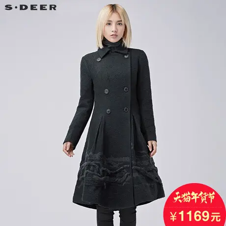 sdeer圣迪奥2018冬装双排扣翻领绣花A字肌理毛呢大衣女S16481882图片