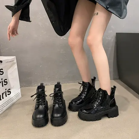 英伦风马丁靴女2023秋冬新款小个子厚底增高短靴网红机车黑色单靴商品大图
