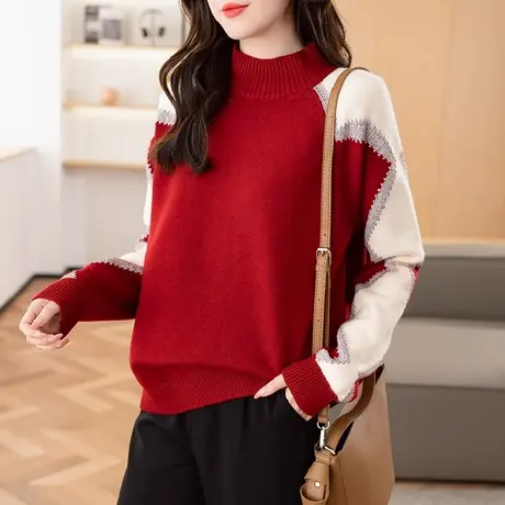 秋冬2023新年红色毛衣女韩版宽松半高领加绒加厚针织女士百搭打底商品大图