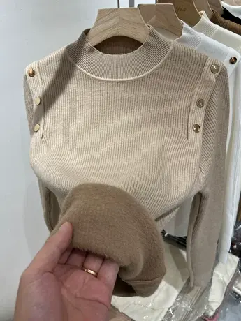 纽扣一体加绒加厚长袖针织衫女上衣2023秋冬新款内搭打底衫毛衣潮商品大图