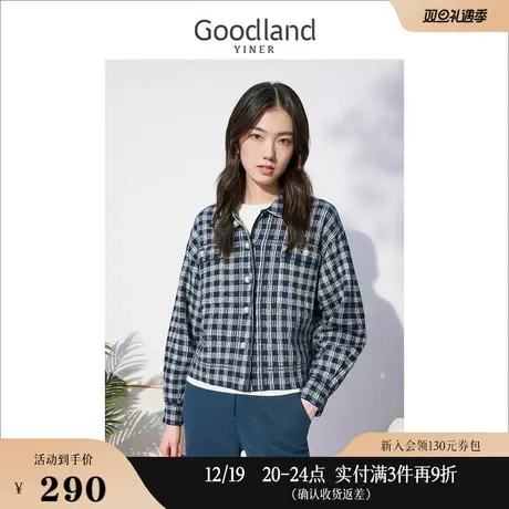 *Goodland美地女装冬季慵懒风毛衣polo领格子针织衫休闲外套商品大图