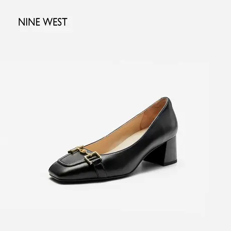 Nine West/玖熙浅口方头粗跟单鞋女2024年春季新款衔扣职业高跟鞋商品大图