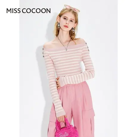 MISSCOCOON【拾光纪】24春新款日常约会一字肩条纹通勤毛针织衫商品大图