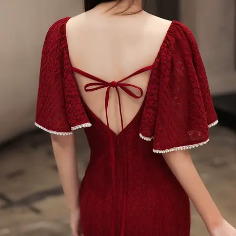 鱼尾敬酒服新娘平时可穿夏季酒红色结婚订婚回门小礼服连衣裙蕾丝商品大图