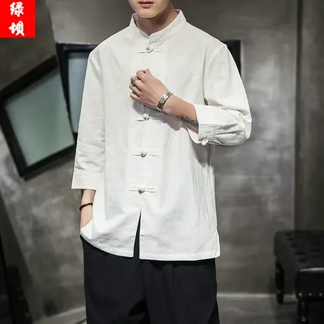 夏季中国风男装七分袖衬衫棉麻短袖衬衣中式亚麻半袖唐装立领寸衫图片