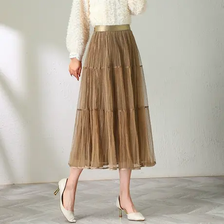 双面穿网纱裙半身裙女中长款春季2024新款时尚高腰垂感显瘦a字裙商品大图