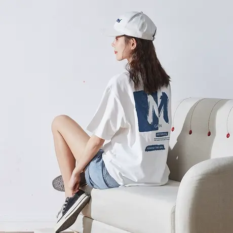唐狮新款后背印花圆领短袖女T恤衫2023夏季白色港味chic上衣休闲x商品大图