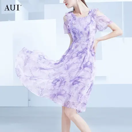 AUI气质性感露肩荷叶边裙女夏2023新款温柔风紫色印花雪纺连衣裙图片