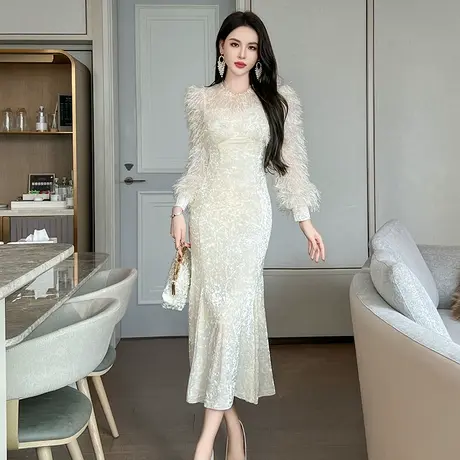 高贵气质女神范长袖丝绒连衣裙独特绝美超好看修身包臀鱼尾长裙子图片