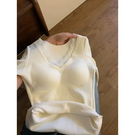 带胸垫V领蕾丝边打底衫女内搭早春秋冬德绒紧身长袖T恤修身上衣服商品大图