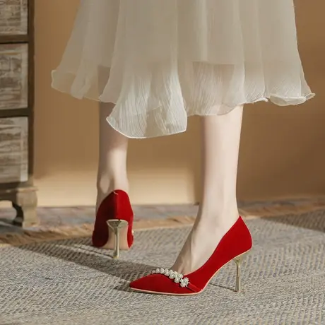 红色婚鞋新娘鞋高跟鞋女2024年新款尖头水钻秀禾婚纱两穿结婚单鞋商品大图