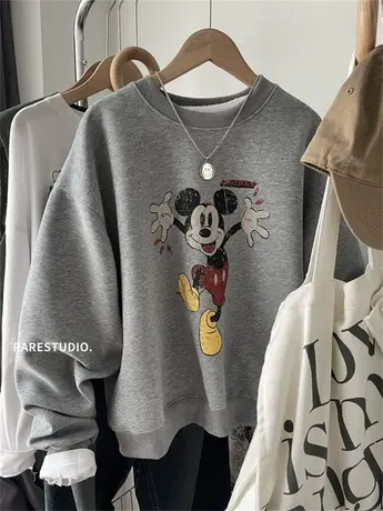 韩国春季新款做旧米奇卡通减龄小个子圆领宽松洋气百搭卫衣女韩系图片