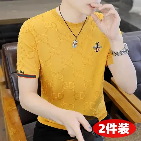 潮男夏季男士短袖针织衫半袖冰丝毛衣潮流薄款打底小衫t恤体恤衫商品大图