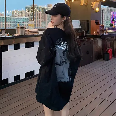 黑色中长款t恤女短袖纯棉小个子大版上衣2024爆款夏季宽松体恤衫商品大图