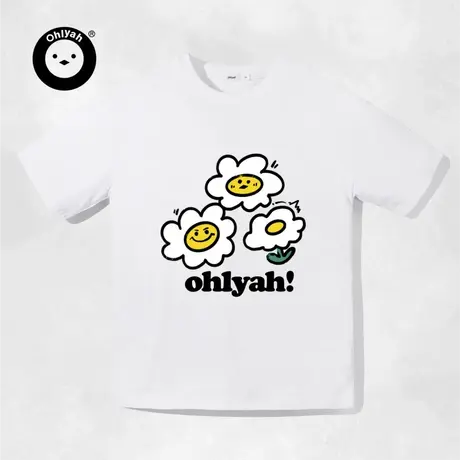 Ohlyah设计师原创卡通品牌笑脸花花印花短袖T恤男女同款情侣半袖图片