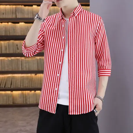 条纹衬衫男韩版潮流修身帅气夏季中袖寸衣2023新款七分袖短袖衬衣图片