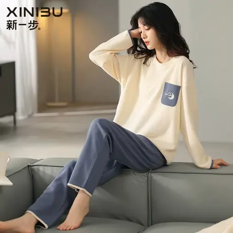 新一步睡衣女士2023年新款春秋季纯棉全棉大码圆领休闲家居服套装商品大图