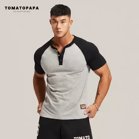 TOMATOPAPA原创美式T恤夏季新款亨利领开领体恤亨利衫休闲男上衣商品大图