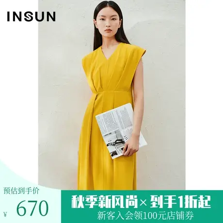 恩裳2023夏新款姜黄色通勤胸前倒褶V领舒适X型醋酸连衣裙图片