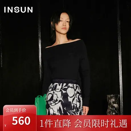 恩裳COVER2023秋季新款简约气质翻领一字肩羊毛黑色修身针织衫女商品大图