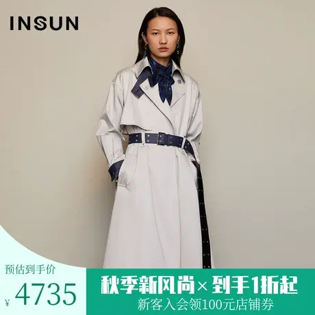 恩裳秋季设计师联名款都市摩登撞色腰带中长款挺括风衣图片