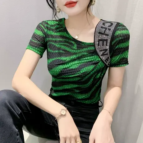 时尚印花网纱短袖T恤女夏装性感斜领烫钻上衣气质漂亮修身小衫图片