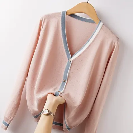 冰丝针织衫女夏薄款开衫2021新款拼色长袖短款v领宽松镂空上衣潮商品大图