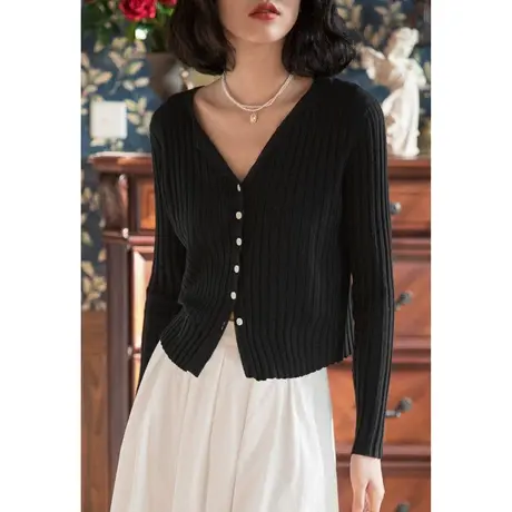 弥古黑色v领针织衫外搭开衫女罩衫春秋外套高级感显瘦肌理感上衣商品大图