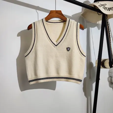 学院风针织马甲女春秋新款韩版v领宽松短款无袖坎肩毛衣背心外穿商品大图